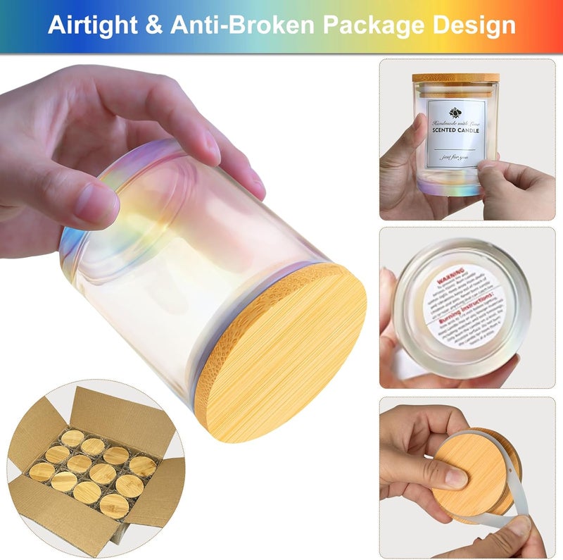 CONNOO 12 Pack 10 OZ Iridescent Glass Candle Jars for Making Candles with Airtight Bamboo Lids Nice Sticky Warning Labels for Candle Making Empty Container Bulk - Dishwasher Safe - Image 4